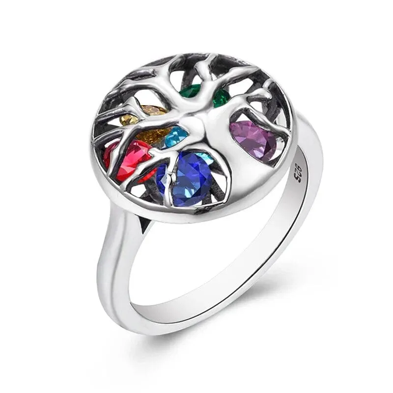 Tree of Life Stones 925 Sterling Silver and 18K Gold Color Ring