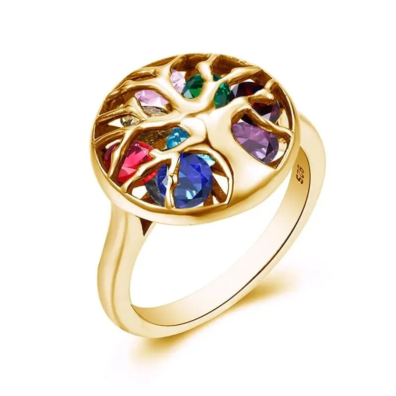 Tree of Life Stones 925 Sterling Silver and 18K Gold Color Ring