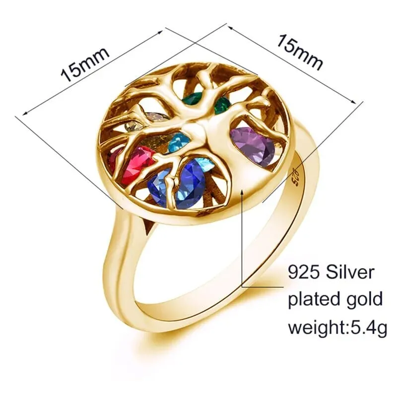Tree of Life Stones 925 Sterling Silver and 18K Gold Color Ring