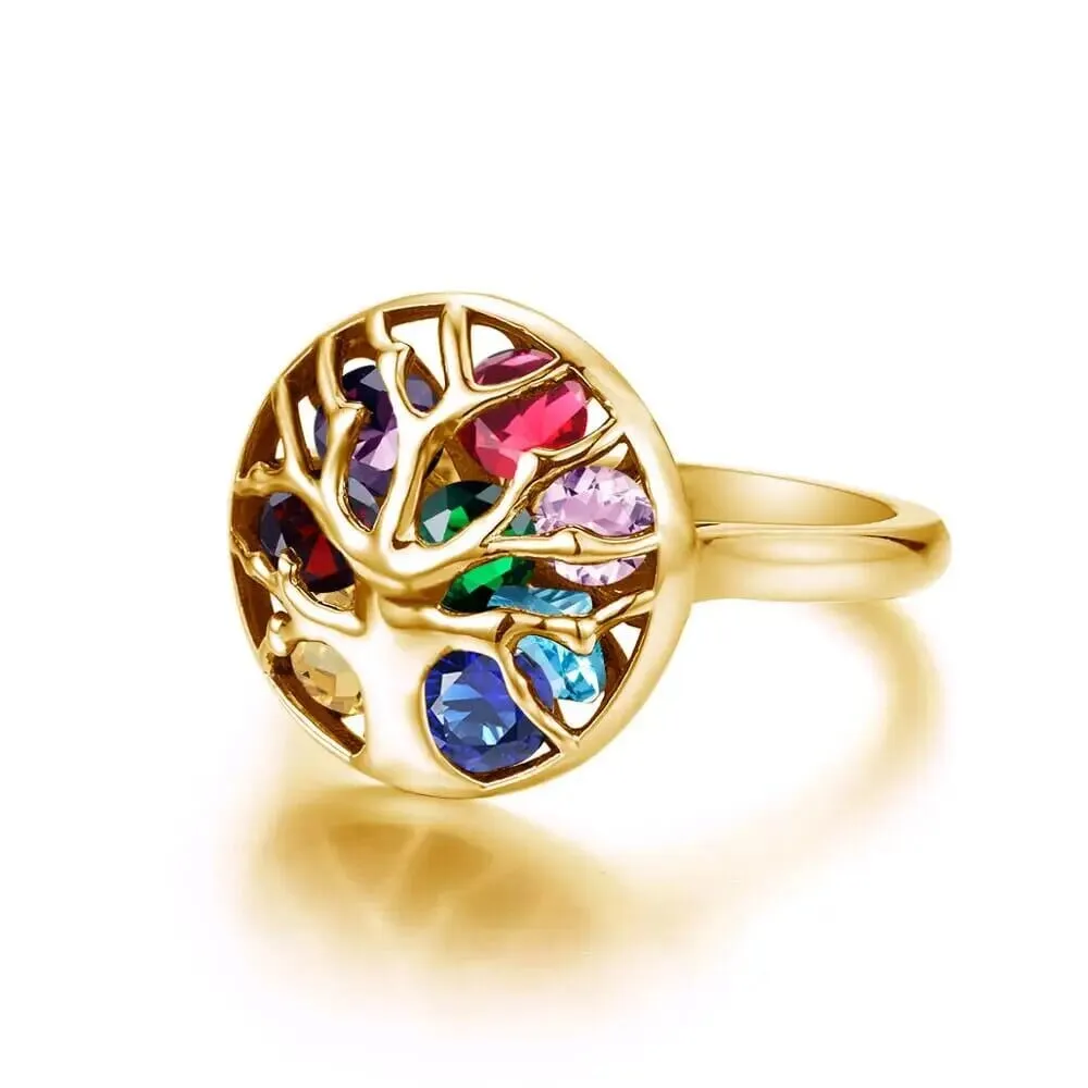 Tree of Life Stones 925 Sterling Silver and 18K Gold Color Ring