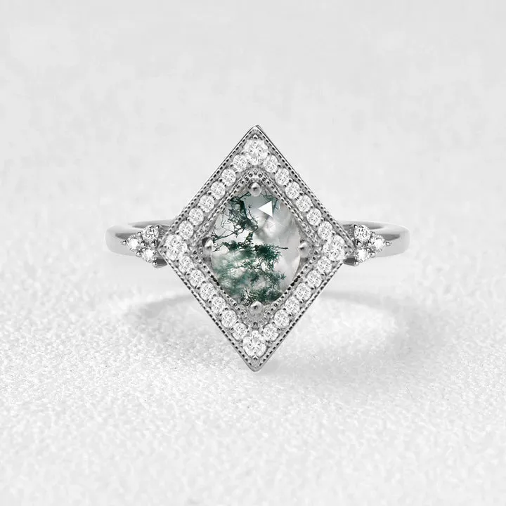 Unique Oval Cut Moss Agate Geometric Vintage Engagement Ring
