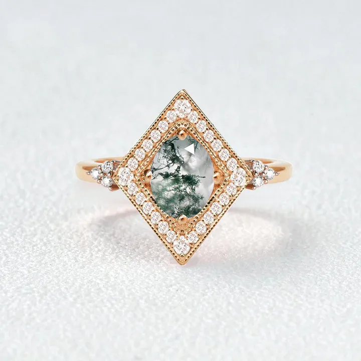 Unique Oval Cut Moss Agate Geometric Vintage Engagement Ring