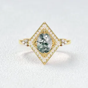 Unique Oval Cut Moss Agate Geometric Vintage Engagement Ring