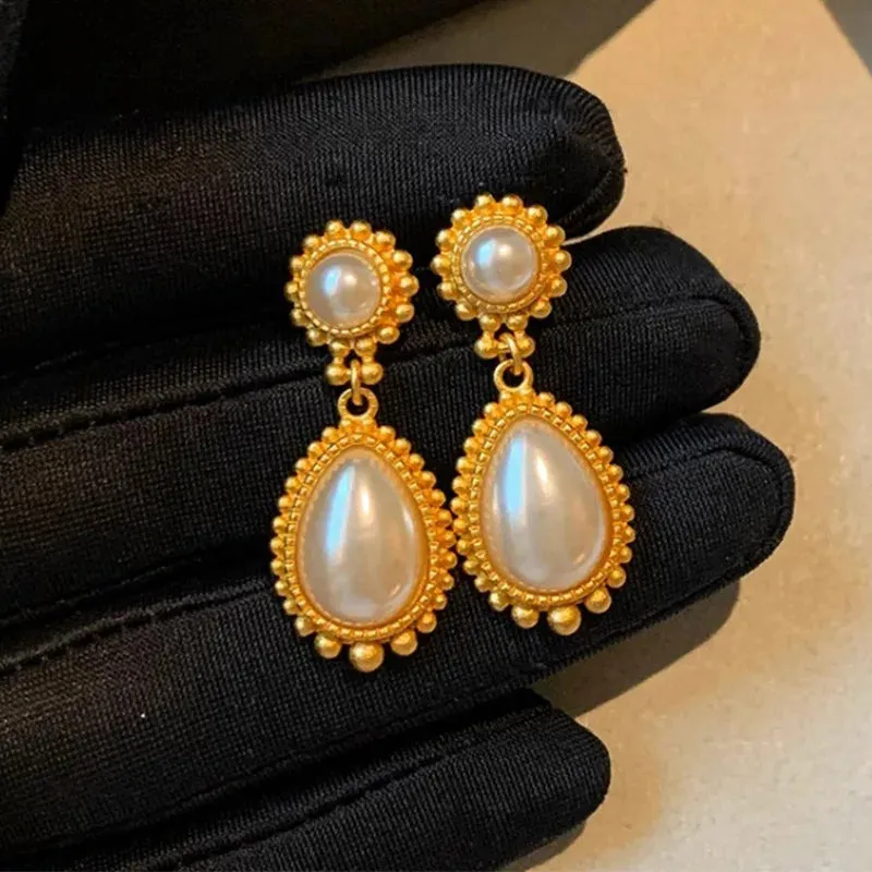 VAIGE Elegant Gold & Pearl Vintage Drop Earrings