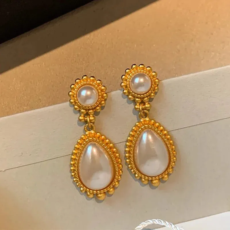 VAIGE Elegant Gold & Pearl Vintage Drop Earrings