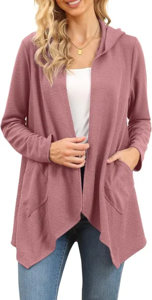 VIISHOW Womens Lightweight Casual Hoodie Cardigans Open Front Waffle Knit Long Sleeve Outwear Coat with Pockets