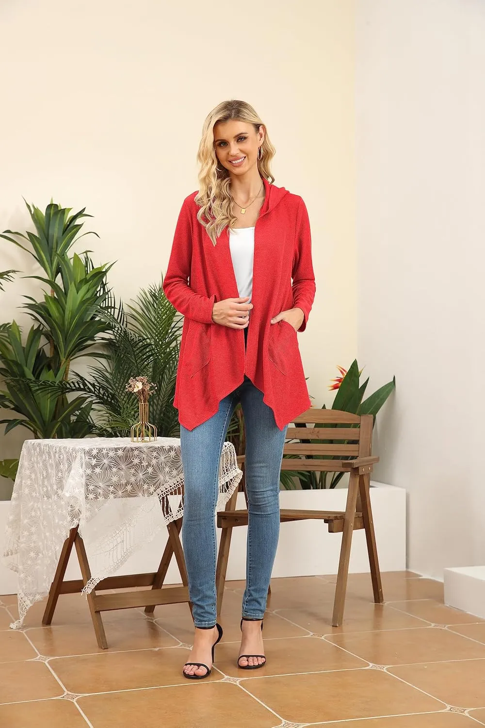 VIISHOW Womens Lightweight Casual Hoodie Cardigans Open Front Waffle Knit Long Sleeve Outwear Coat with Pockets