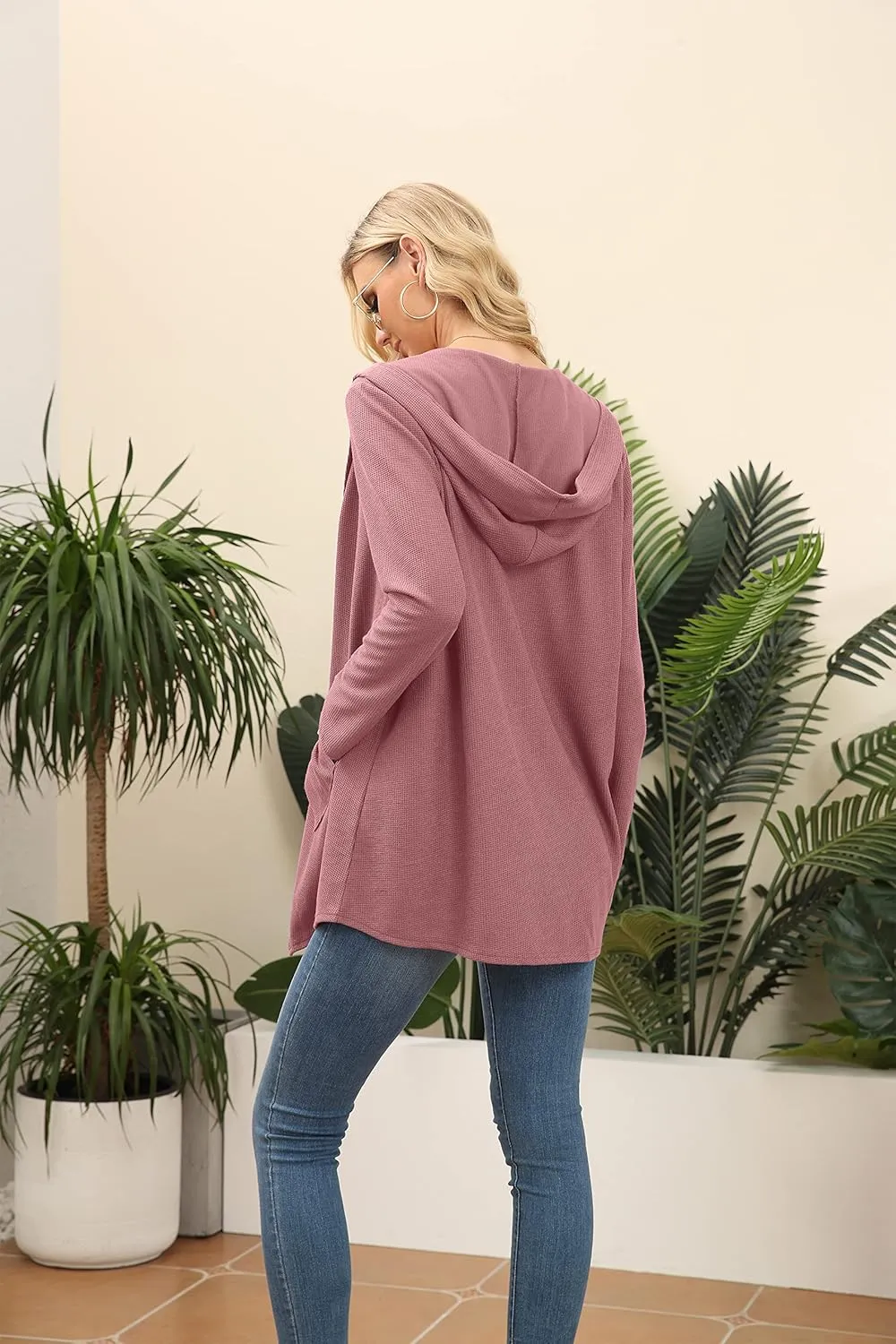 VIISHOW Womens Lightweight Casual Hoodie Cardigans Open Front Waffle Knit Long Sleeve Outwear Coat with Pockets