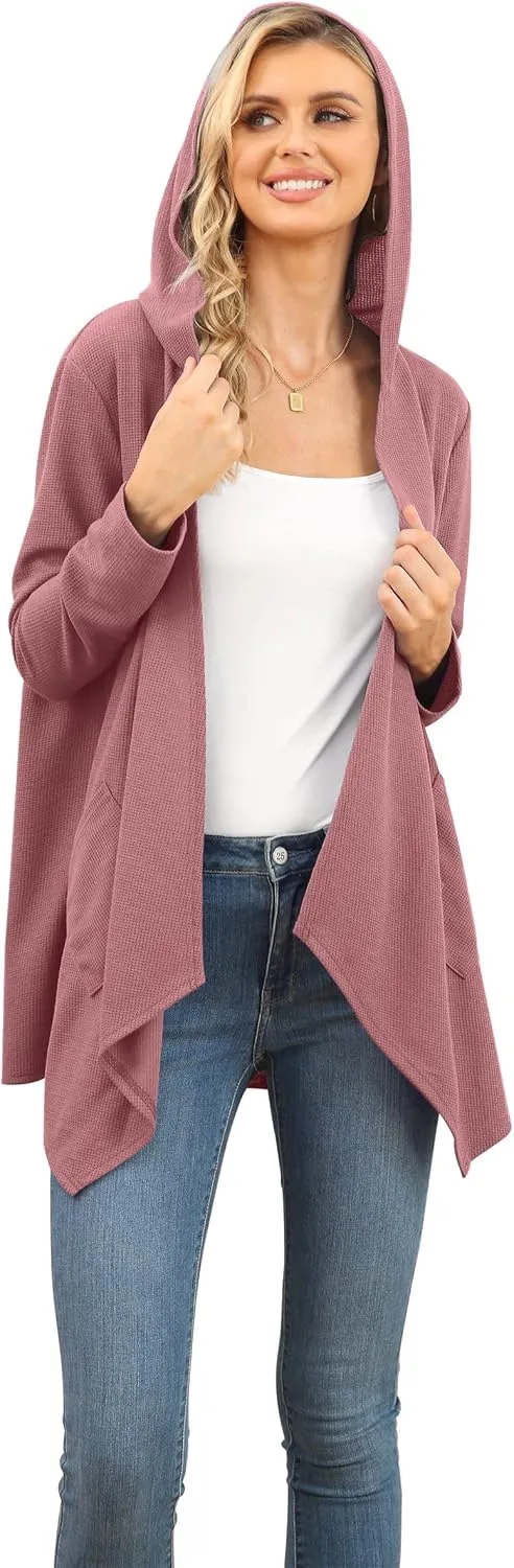 VIISHOW Womens Lightweight Casual Hoodie Cardigans Open Front Waffle Knit Long Sleeve Outwear Coat with Pockets