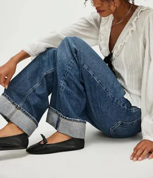 Vintage Baggy Barrel Jeans Mid Rise Wide Leg Boyfriend Horseshoe Jeans for Women Loose Fit Y2k Cuffed Cropped Pants