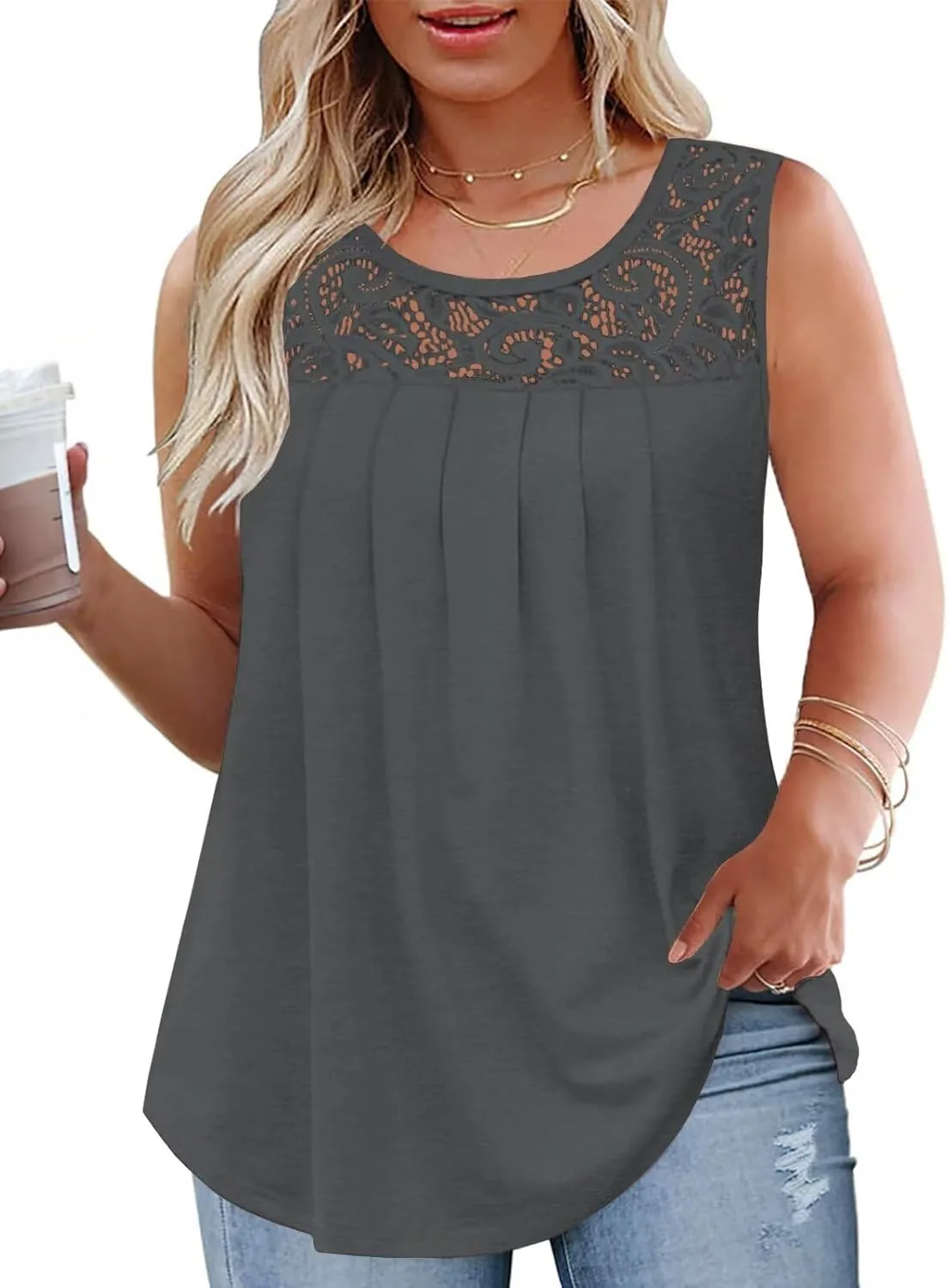 VISLILY Womens-Plus-Size-Tank-Tops 2025 Casual Loose Fit Sleeveless T Shirts Flowy Pleated Lace Tunics Cute Blouses XL-5XL
