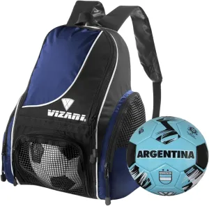 Vizari Solano Multi-Sport Backpack (Navy) with National Team Soccer Ball Combo | Versatile Sports Backpack with Durable Faux Leather & Rubber Country Ball (Argentina, Size 3)