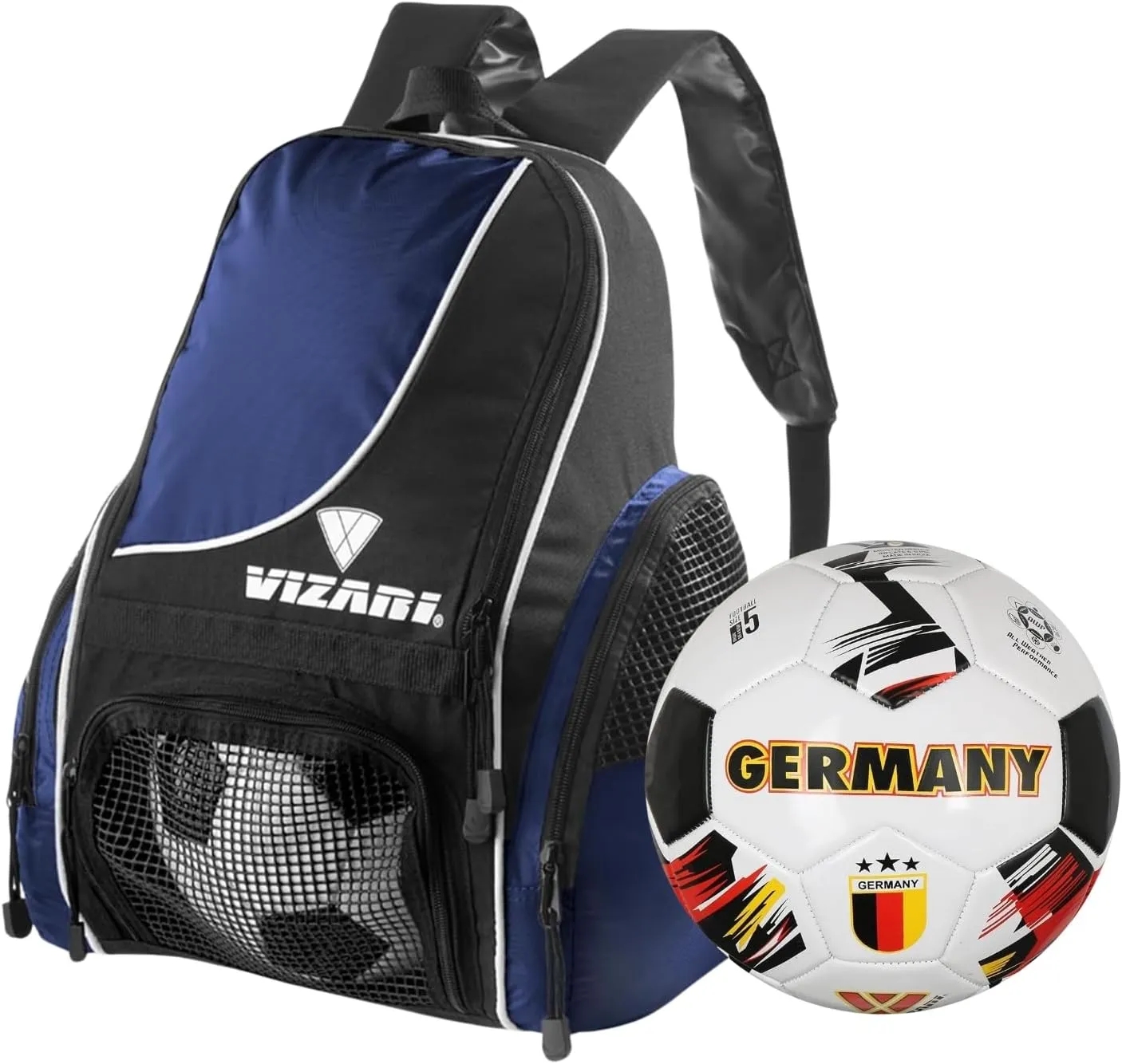 Vizari Solano Multi-Sport Backpack (Navy) with National Team Soccer Ball Combo | Versatile Sports Backpack with Durable Faux Leather & Rubber Country Ball (Germany, Size 3)