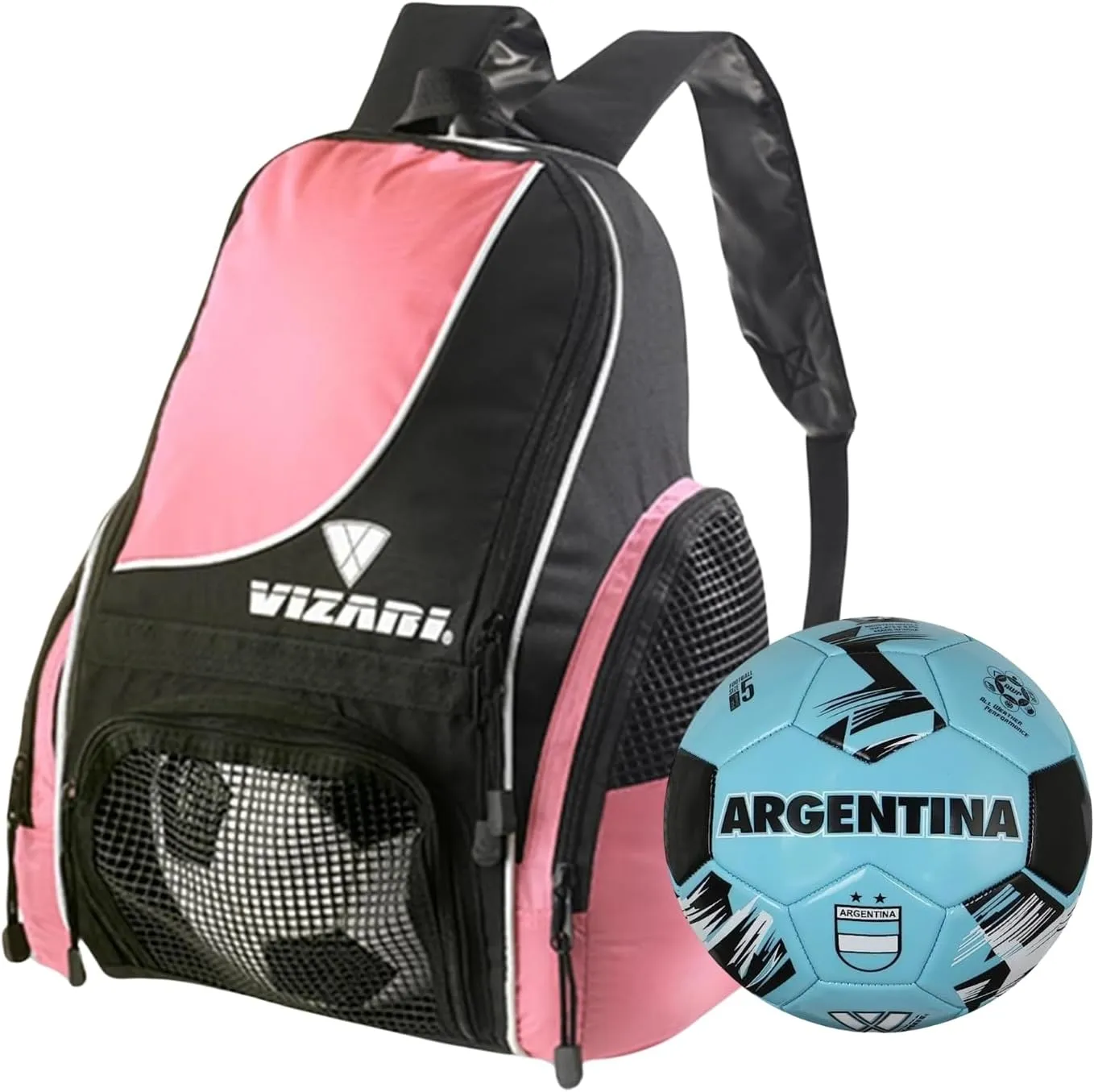 Vizari Solano Multi-Sport Backpack (Pink) with National Team Soccer Ball Combo | Versatile Sports Backpack with Durable Faux Leather & Rubber Country Ball (Argentina, Size 3)