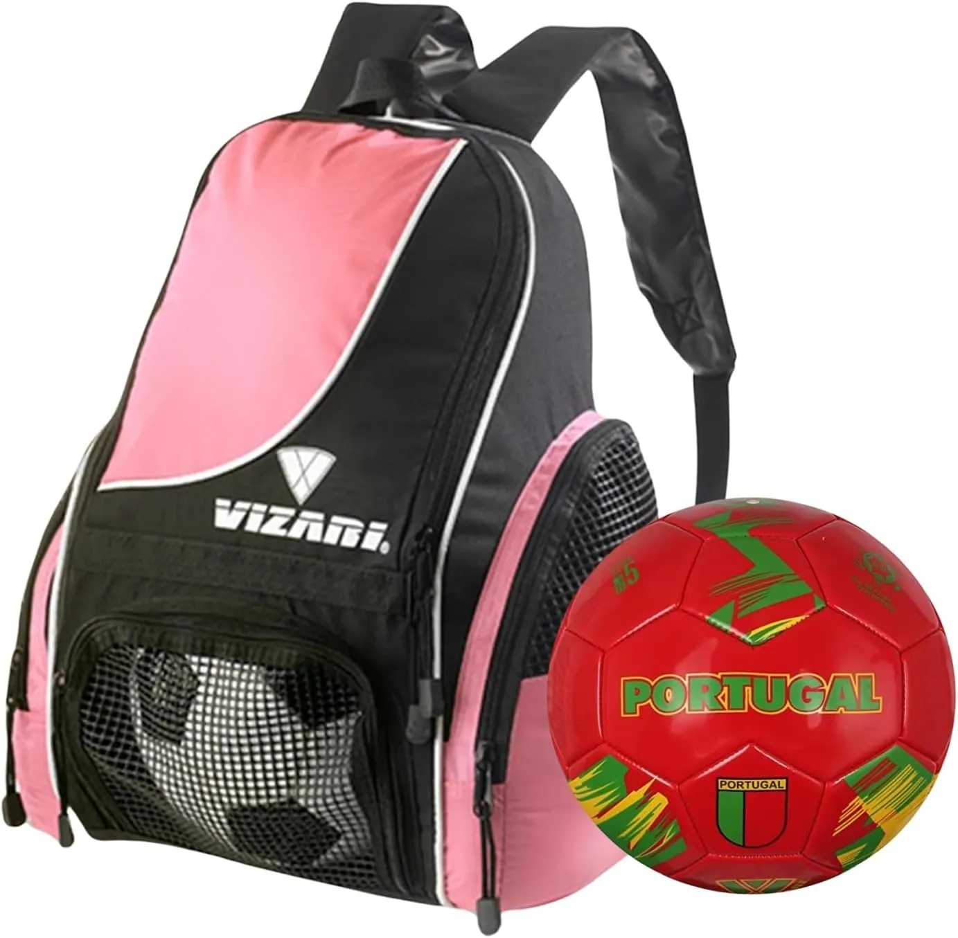 Vizari Solano Multi-Sport Backpack (Pink) with National Team Soccer Ball Combo | Versatile Sports Backpack with Durable Faux Leather & Rubber Country Ball (Portugal, Size 5)