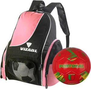 Vizari Solano Multi-Sport Backpack (Pink) with National Team Soccer Ball Combo | Versatile Sports Backpack with Durable Faux Leather & Rubber Country Ball (Portugal, Size 5)