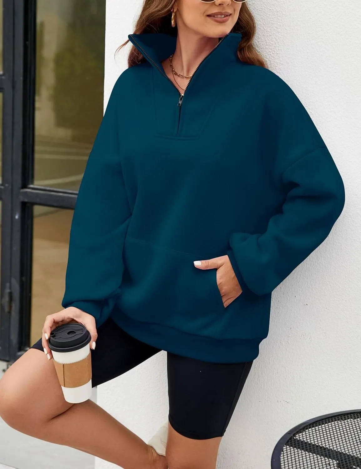 Wanzetaly Womens Oversized Half Zipper Stand Collar Hooded Sweatshirts Crop Hoodie Fleece Pullover Tops with Pocket