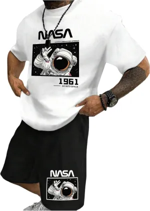 WDIRARA Men's 2 Piece Short Sets Graphic Print Short Sleeve T Shirts and Drawstring Shorts Clothing Set