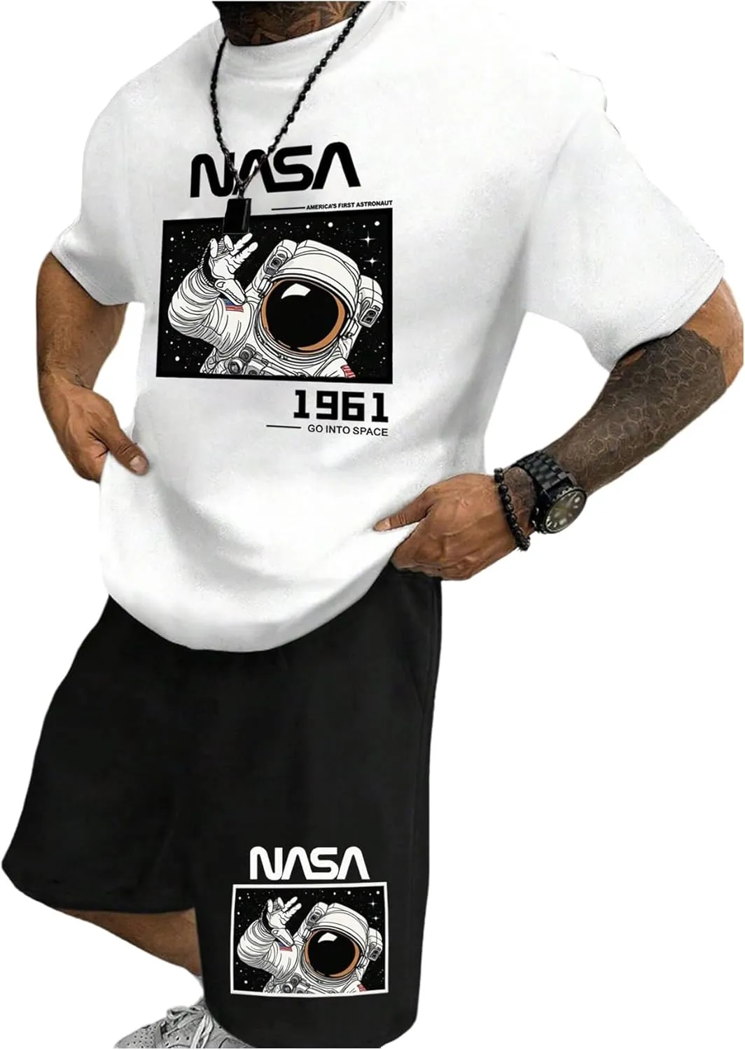 WDIRARA Men's 2 Piece Short Sets Graphic Print Short Sleeve T Shirts and Drawstring Shorts Clothing Set