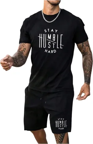 WDIRARA Men's 2 Piece Short Sets Graphic Print Short Sleeve T Shirts and Drawstring Shorts Clothing Set