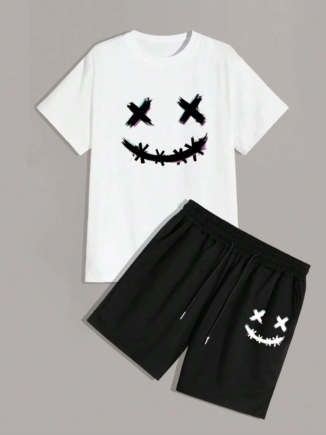 WDIRARA Men's 2 Piece Short Sets Graphic Print Short Sleeve T Shirts and Drawstring Shorts Clothing Set