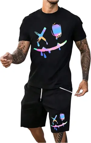 WDIRARA Men's 2 Piece Short Sets Graphic Print Short Sleeve T Shirts and Drawstring Shorts Clothing Set