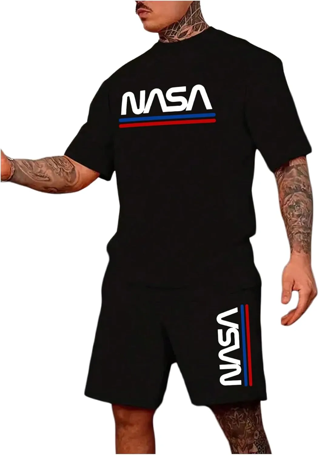 WDIRARA Men's 2 Piece Short Sets Graphic Print Short Sleeve T Shirts and Drawstring Shorts Clothing Set