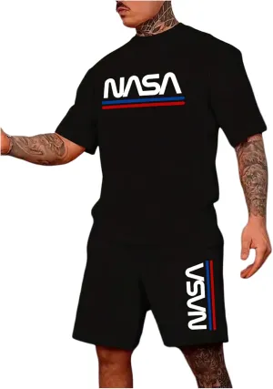WDIRARA Men's 2 Piece Short Sets Graphic Print Short Sleeve T Shirts and Drawstring Shorts Clothing Set