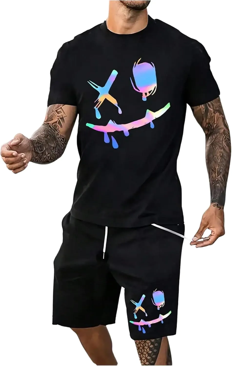 WDIRARA Men's 2 Piece Short Sets Graphic Print Short Sleeve T Shirts and Drawstring Shorts Clothing Set