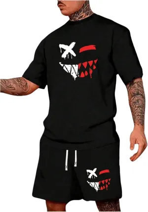 WDIRARA Men's 2 Piece Short Sets Graphic Print Short Sleeve T Shirts and Drawstring Shorts Clothing Set