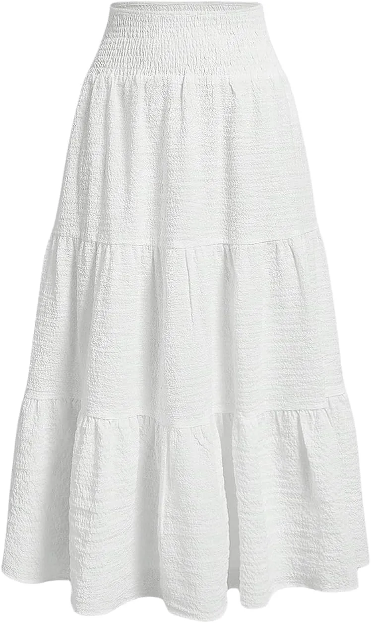 WDIRARA Women's High Waist Eyelet Embroidery Maxi Skirt Ruffle Hem Tiered Layer Loose Fit Skirts