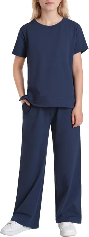 Weintee Women's Petite Sweatsuits Wide Leg Sweatpants Set Short Sleeve Jogging Suits