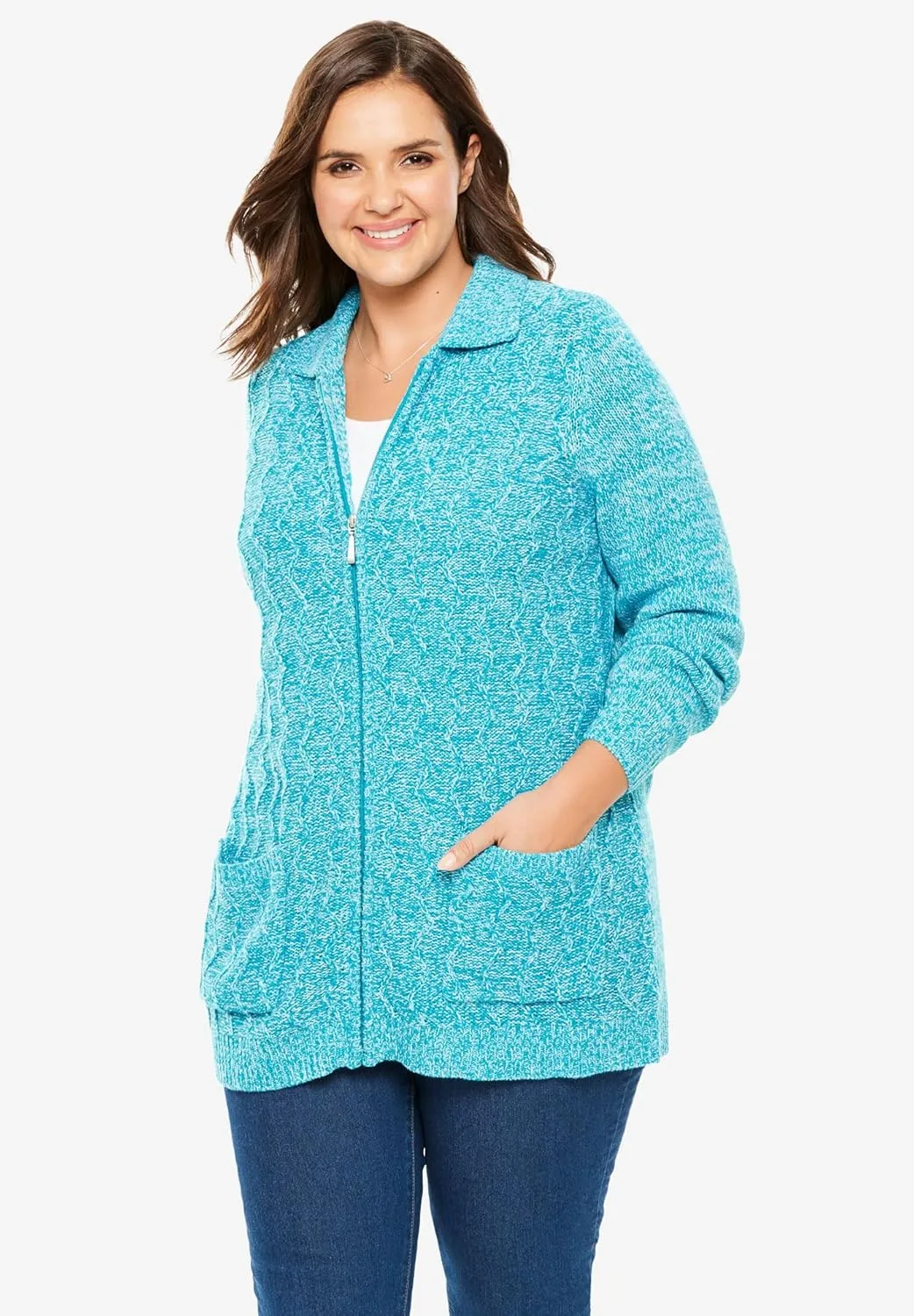 Woman Within Plus Size Marled Zip-Front Cable Knit Cardigan