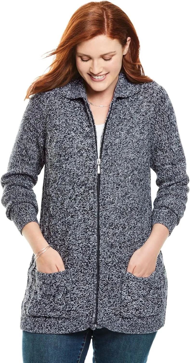 Woman Within Plus Size Marled Zip-Front Cable Knit Cardigan
