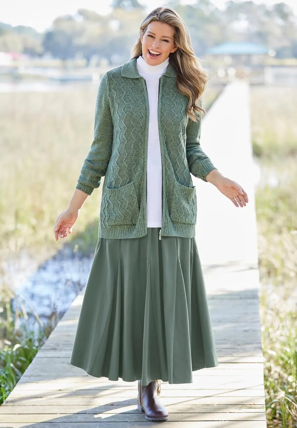 Woman Within Plus Size Marled Zip-Front Cable Knit Cardigan