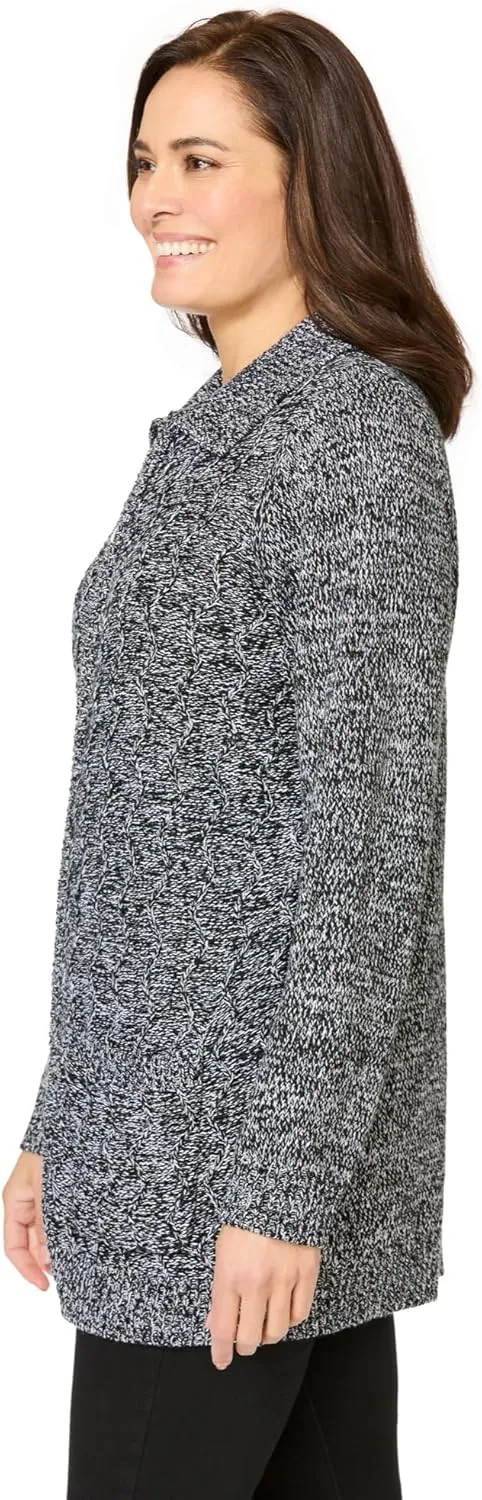 Woman Within Plus Size Marled Zip-Front Cable Knit Cardigan