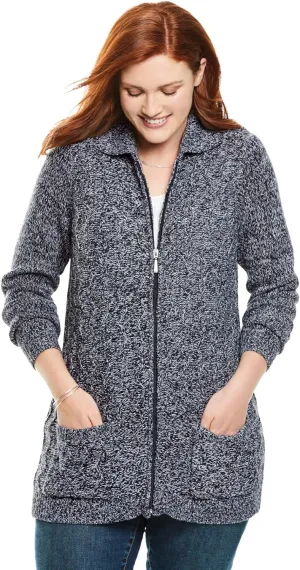 Woman Within Plus Size Marled Zip-Front Cable Knit Cardigan