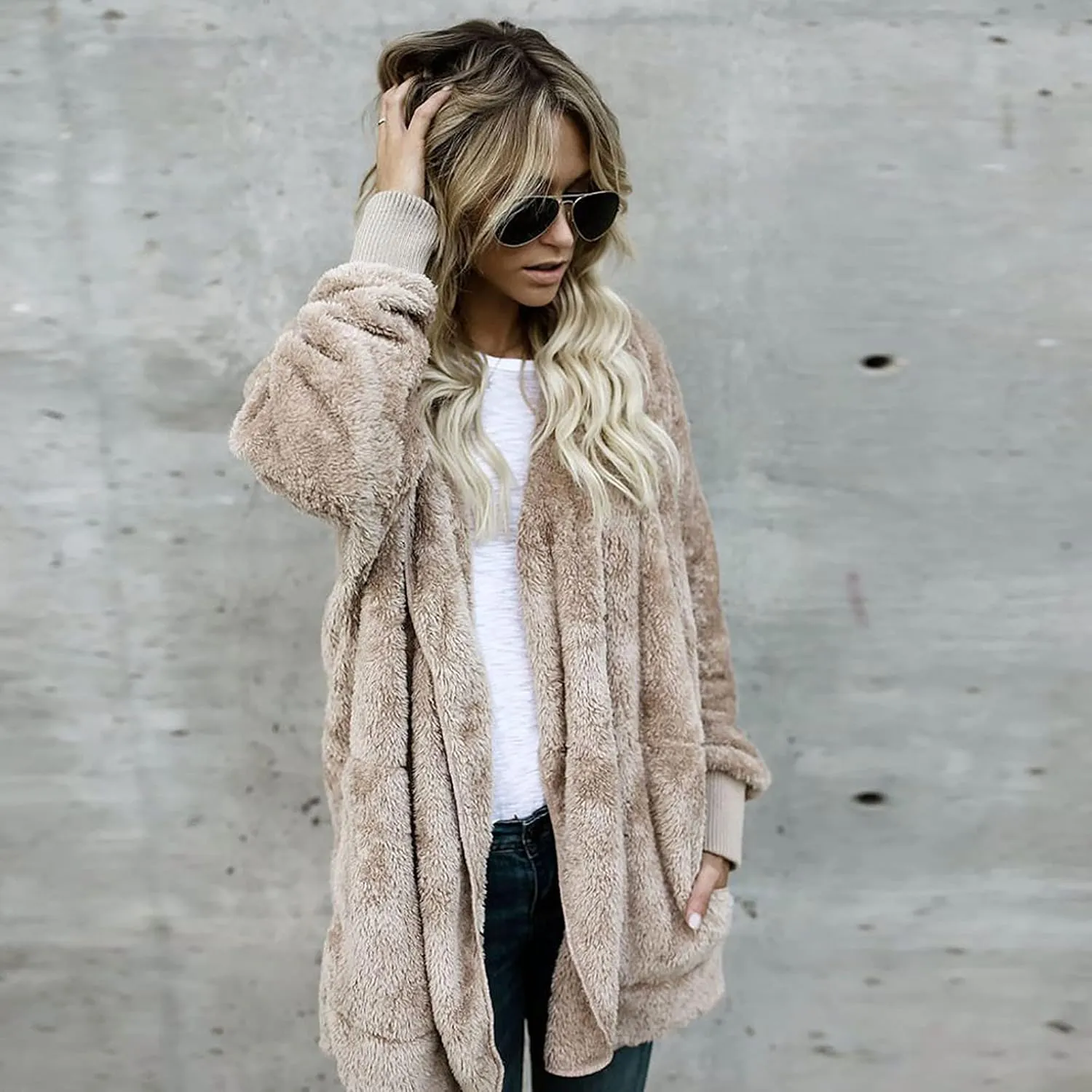 Women 2023 Fall Winter Fleece Jackets Oversized Long Sleeve Open Front Hooded Sherpa Cardigan Warm Fuzzy Coat Outwear