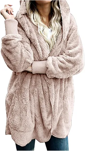 Women 2023 Fall Winter Fleece Jackets Oversized Long Sleeve Open Front Hooded Sherpa Cardigan Warm Fuzzy Coat Outwear