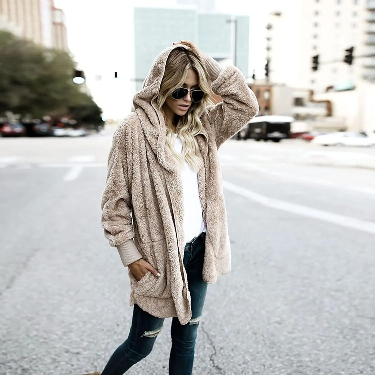 Women 2023 Fall Winter Fleece Jackets Oversized Long Sleeve Open Front Hooded Sherpa Cardigan Warm Fuzzy Coat Outwear