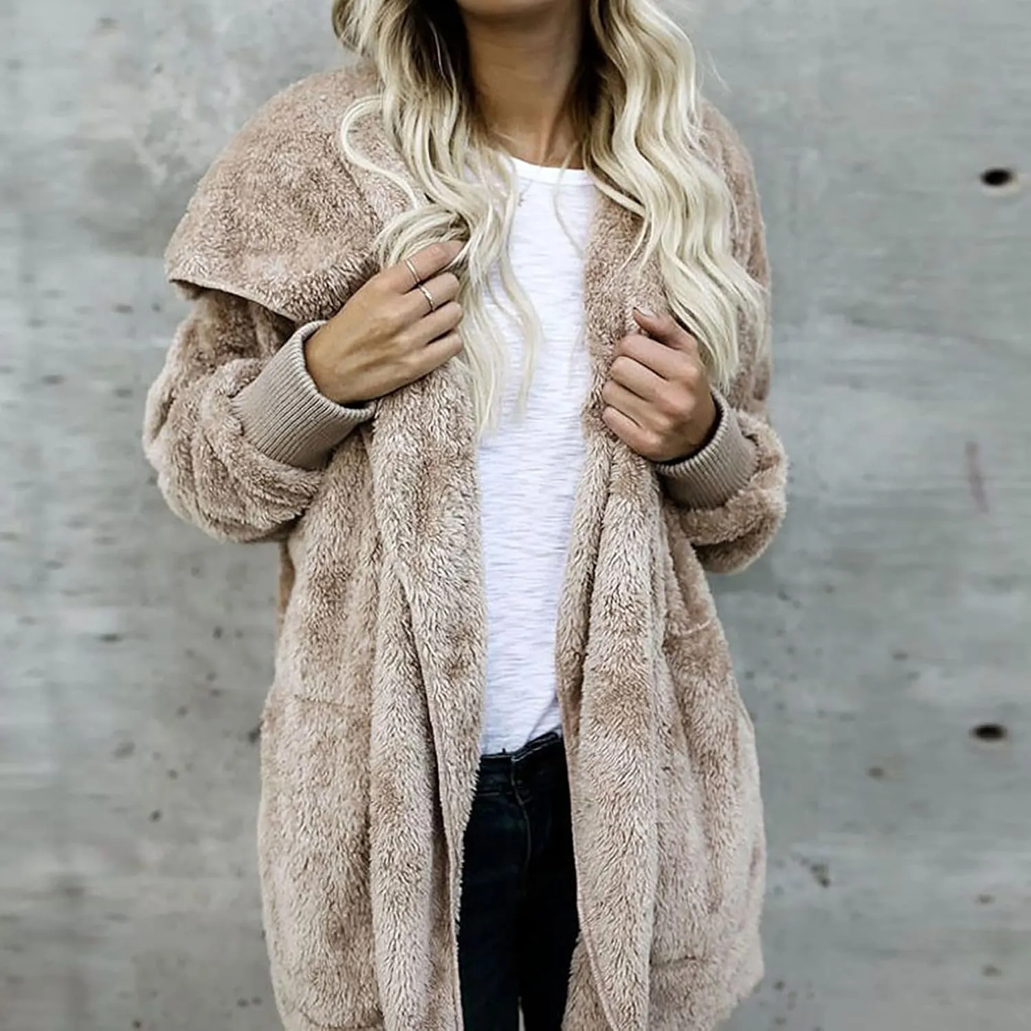 Women 2023 Fall Winter Fleece Jackets Oversized Long Sleeve Open Front Hooded Sherpa Cardigan Warm Fuzzy Coat Outwear