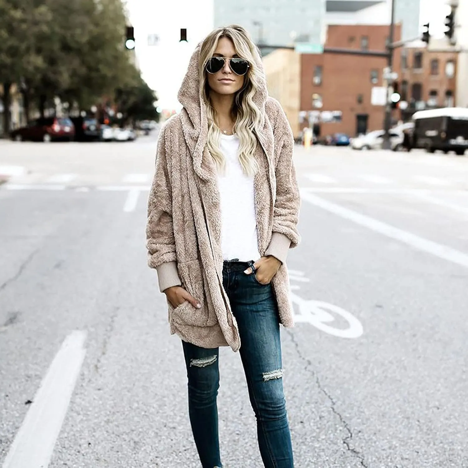 Women 2023 Fall Winter Fleece Jackets Oversized Long Sleeve Open Front Hooded Sherpa Cardigan Warm Fuzzy Coat Outwear