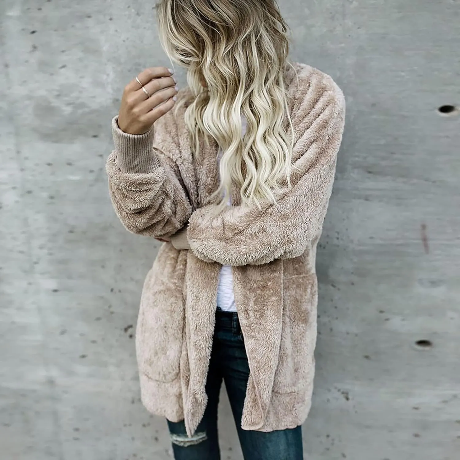 Women 2023 Fall Winter Fleece Jackets Oversized Long Sleeve Open Front Hooded Sherpa Cardigan Warm Fuzzy Coat Outwear