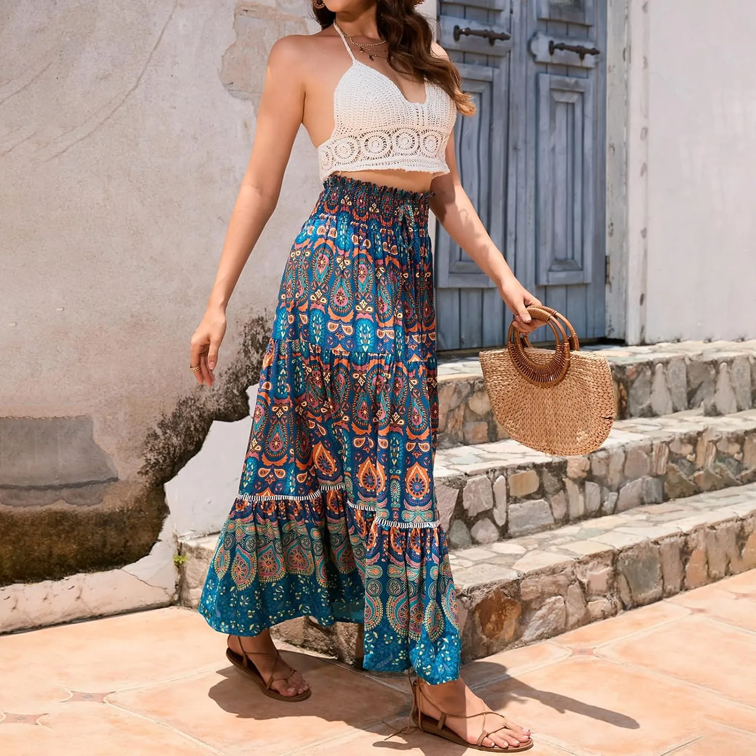 Women Boho Tropical Print Long Skirts Elastic High Waist Ruffle Pleated A Line 2024 Bohemian Beach Midi Skirt