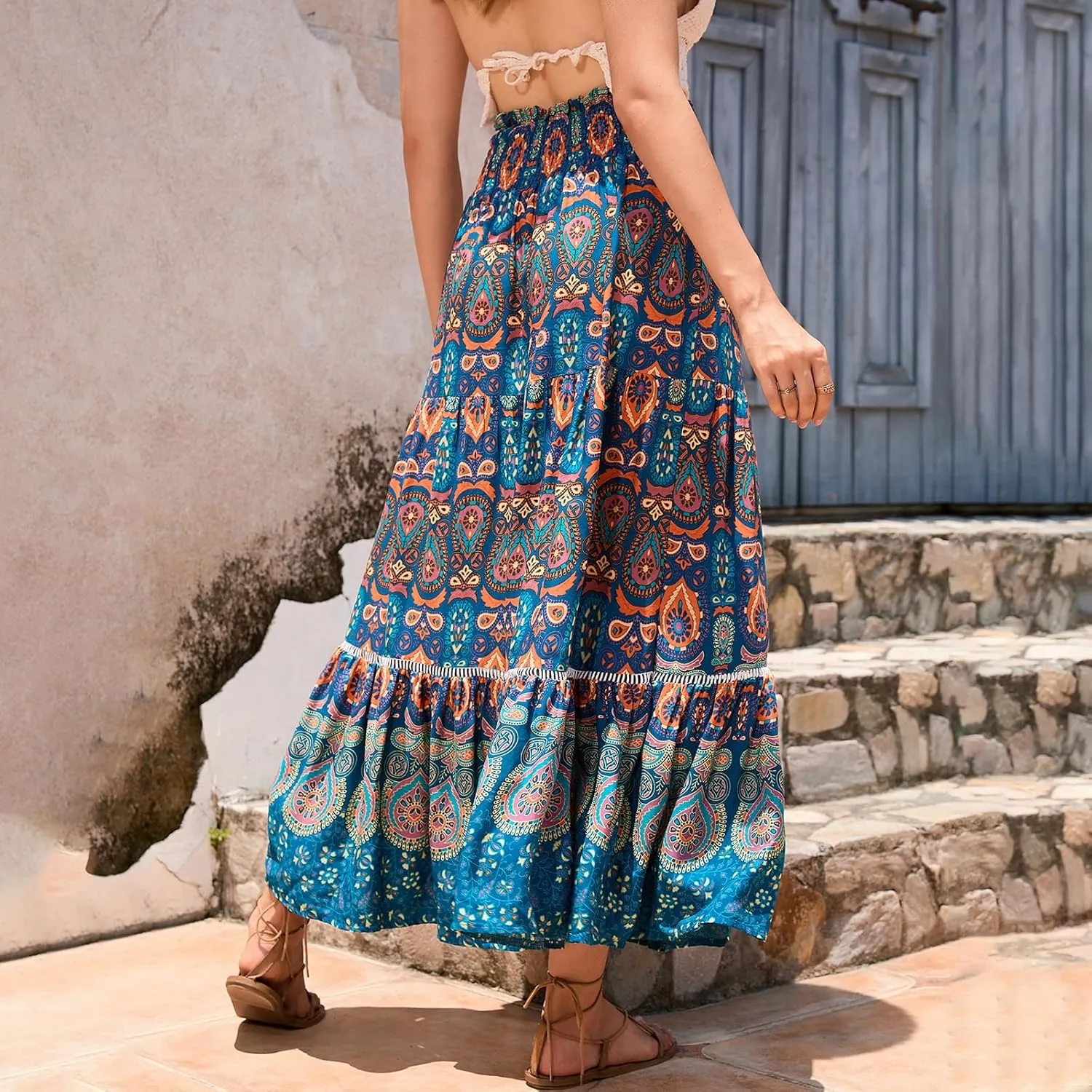 Women Boho Tropical Print Long Skirts Elastic High Waist Ruffle Pleated A Line 2024 Bohemian Beach Midi Skirt