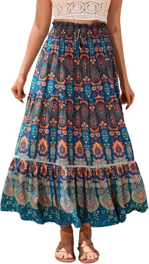 Women Boho Tropical Print Long Skirts Elastic High Waist Ruffle Pleated A Line 2024 Bohemian Beach Midi Skirt