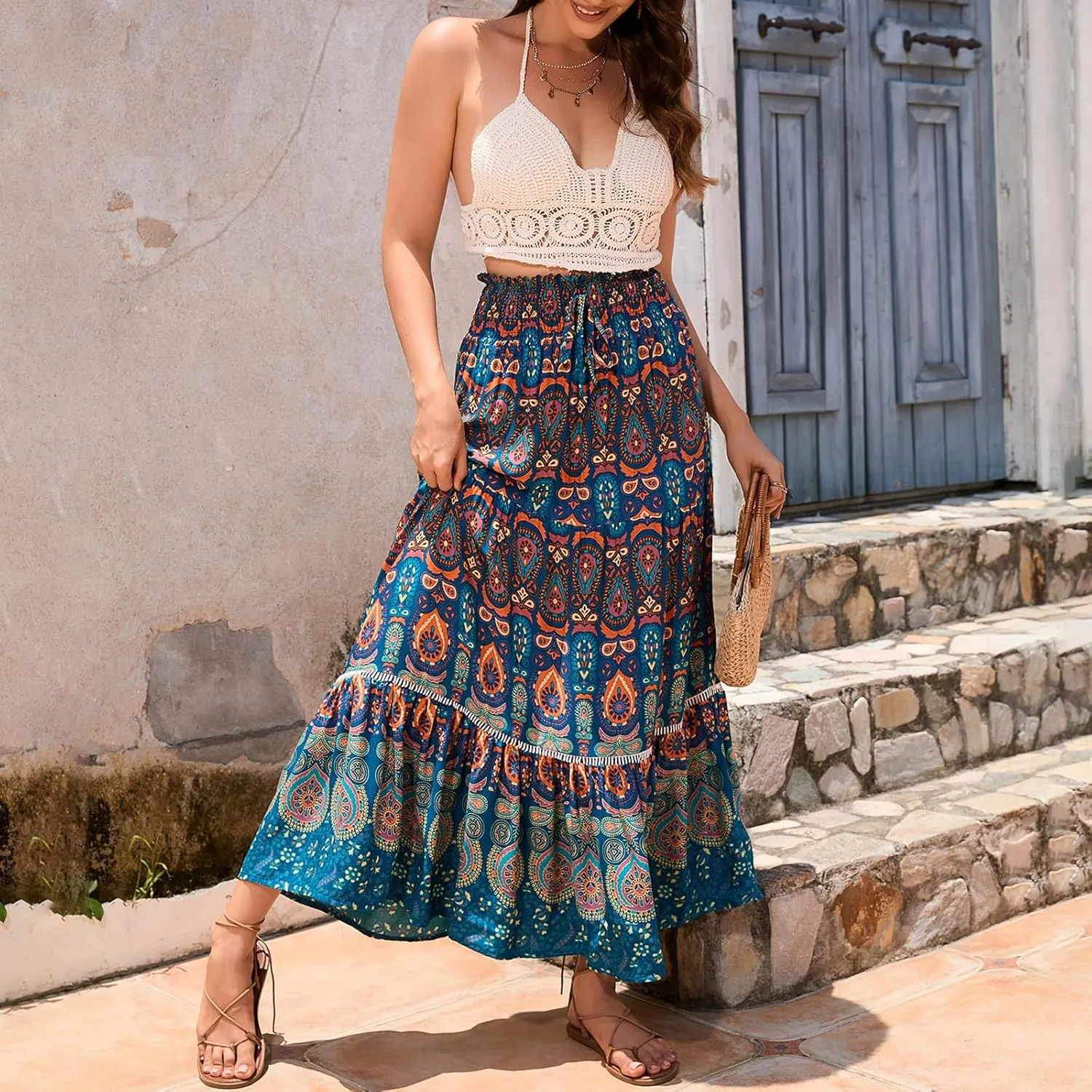 Women Boho Tropical Print Long Skirts Elastic High Waist Ruffle Pleated A Line 2024 Bohemian Beach Midi Skirt