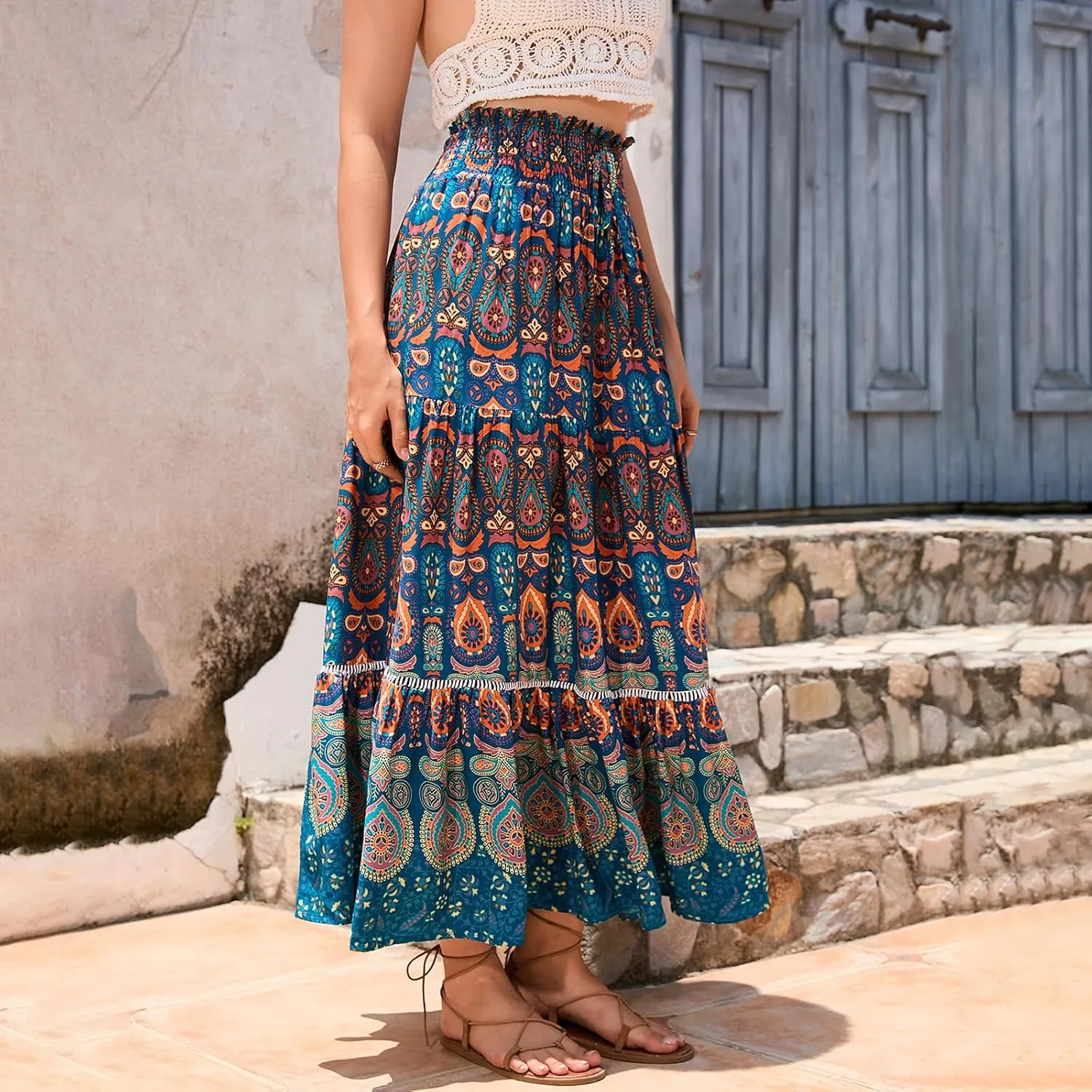 Women Boho Tropical Print Long Skirts Elastic High Waist Ruffle Pleated A Line 2024 Bohemian Beach Midi Skirt