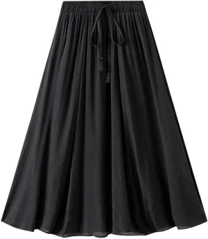 Women Cotton Linen Skirt Solid Elastic Waisted Pleated Long Skirt Summer Casual Flowy Beach Holiday Bohemian Skirts