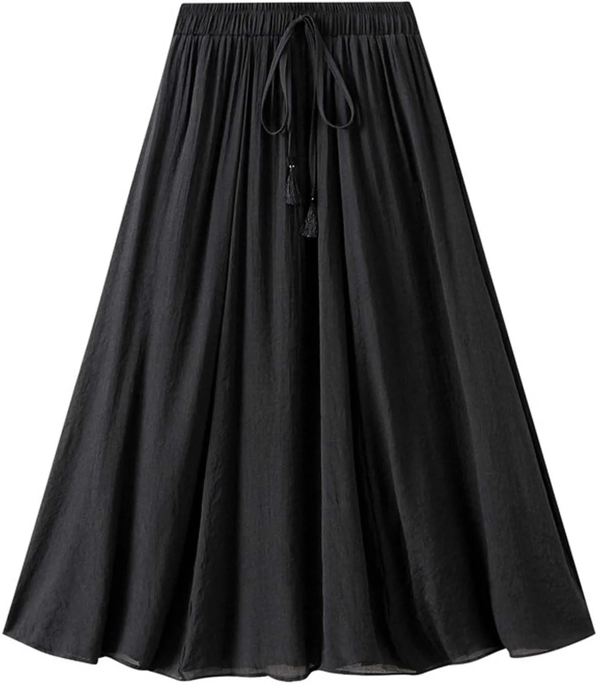 Women Cotton Linen Skirt Solid Elastic Waisted Pleated Long Skirt Summer Casual Flowy Beach Holiday Bohemian Skirts